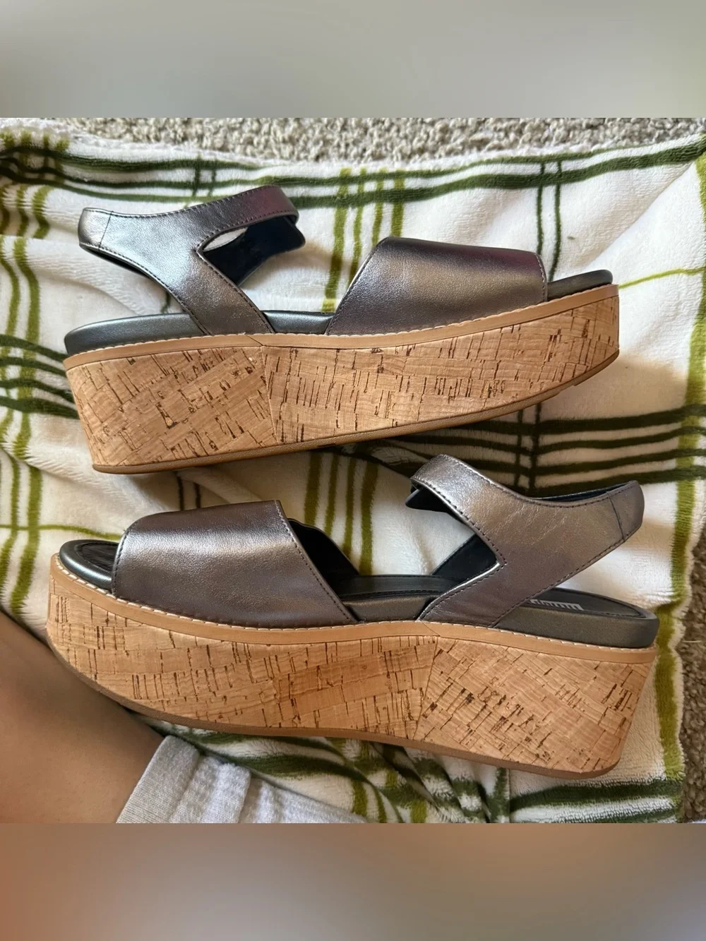 Fitflop Metallic Gray Platform Sandals with Cork-Look Wedge